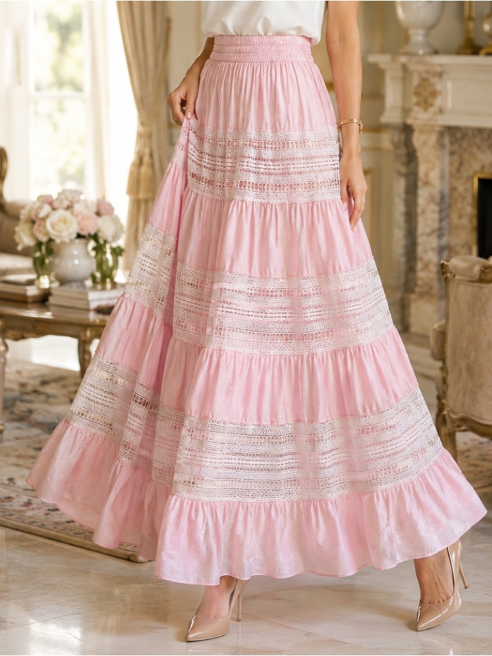 New Solitaire Light Pink Tiered Maxi Skirt size S